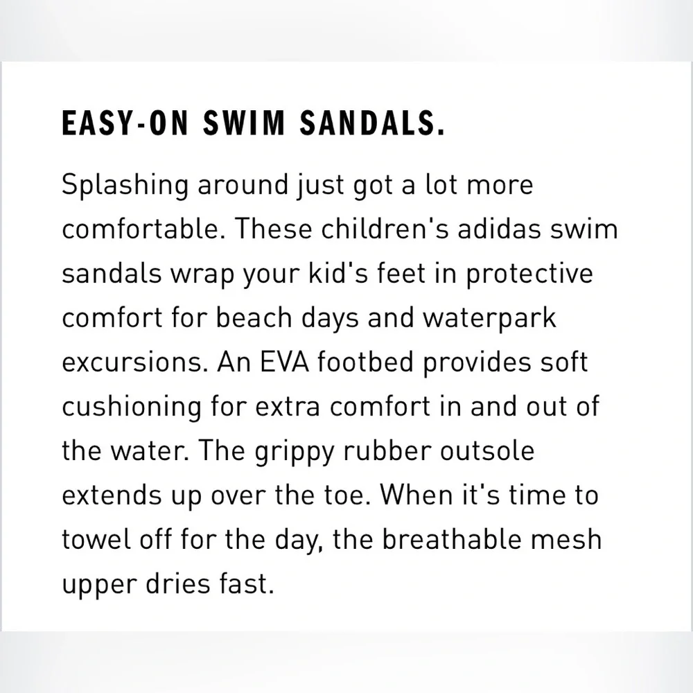 ADIDAS EASY-ON SWIM BEACH SANDALS EVA FOOTBED SIZE 1 STORE DISPLAY MODEL NEW